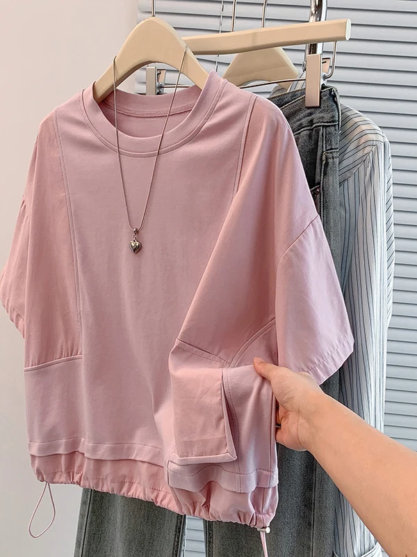 Summer New Style Age Reduction Color Block Design Drawstring Slimming Large Size Short Sleeve T-Shirt Women's Fashion Brand