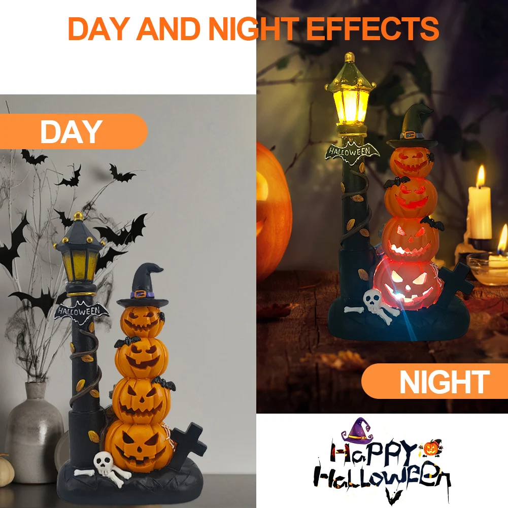 Halloween Stacked Pumpkin Figurine with LED Lights Lighted Pumpkins Ornament 4 Tiers Pumpkins Decor for Kitchen Fireplace Decor