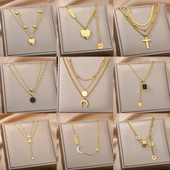 女性用多層ジルコニアペンダントネックレス,ラグジュアリー,ゴールドカラー,チェーン,ムーン,クロス,ジュエリーギフト,316l