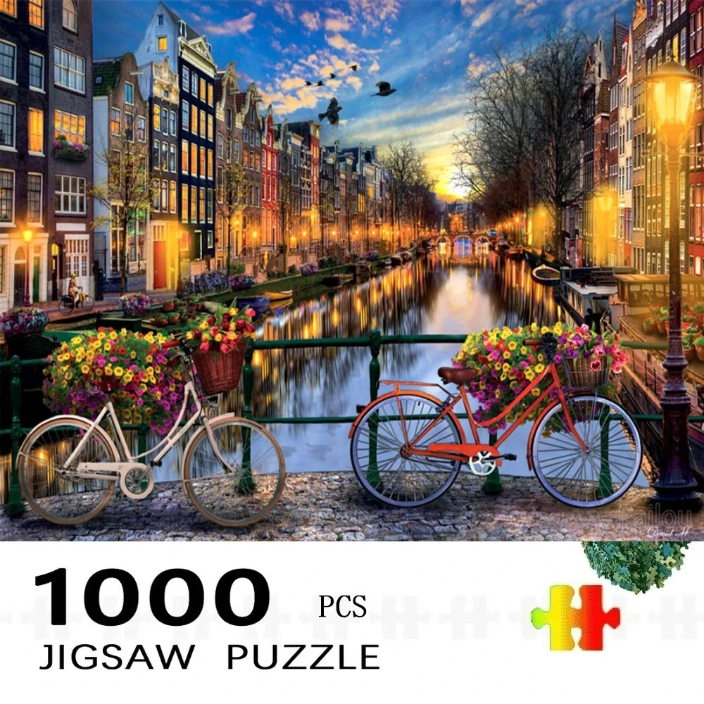 

Пазлы «Амстердам: Велосипедный городской пейзаж на закате», 500 элементов, сложная семейная головоломка для игровой комнаты, спальни, гостиной, подарок