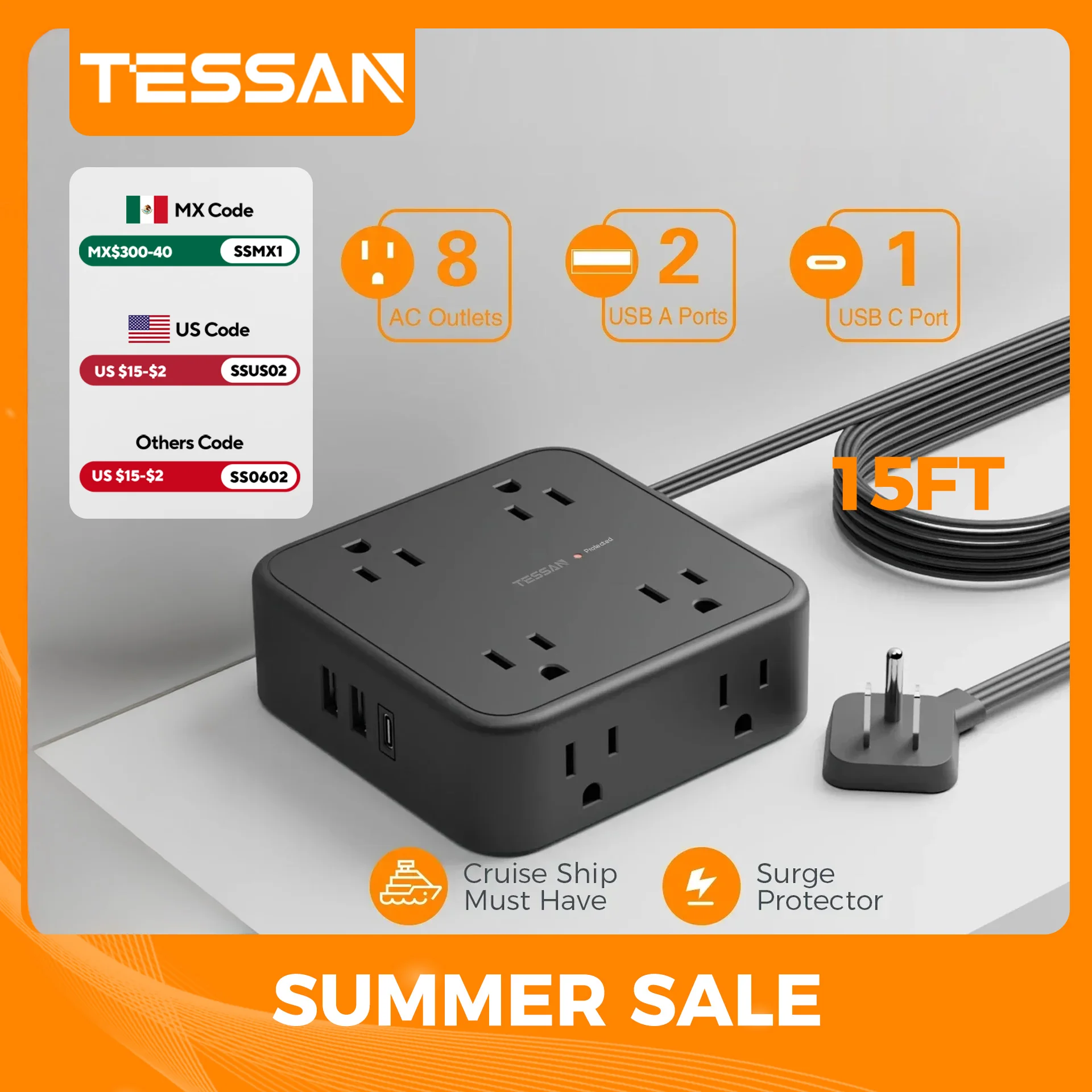 

Ультратонкая плоская вилка TESSAN, сетевой фильтр с 8 розетками, 3 USB (1 Type-C), зарядная станция с защитой от перенапряжения 900J