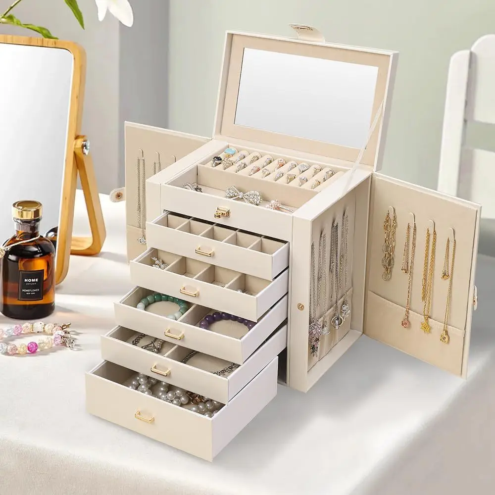 Large Jewelry Box for Women, Leather Jewelry Organizer with Mirror & Lock, 6-Tier Jewelry Storage Case for Girls/Women/Mothers