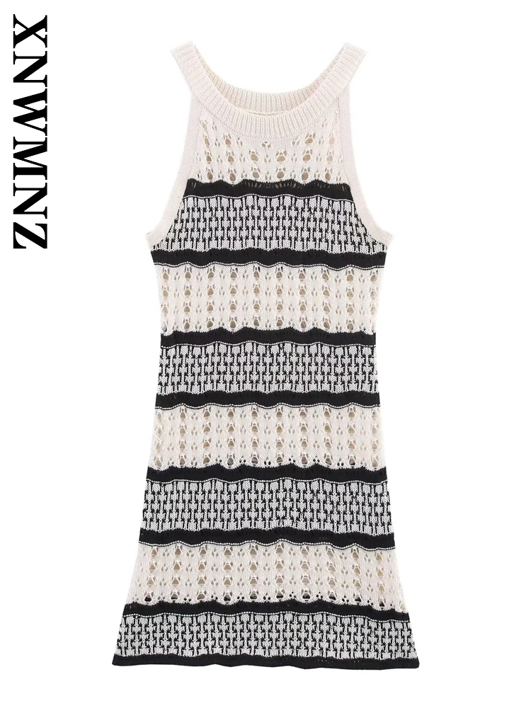 XNWMNZ 2025 여름 신상 여성 파티 클럽 홀터넥 숄더 홀터 니트 드레스 심플 레이디 민소매 드레스 패션 미니