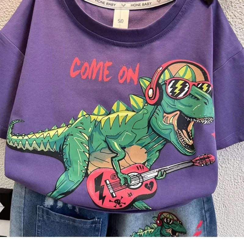 2-9 Children's Clothing Boys Summer Set Children's New Cartoon T-shirt  Cool and Handsome Denim Shorts Two-piece Set Fashionable