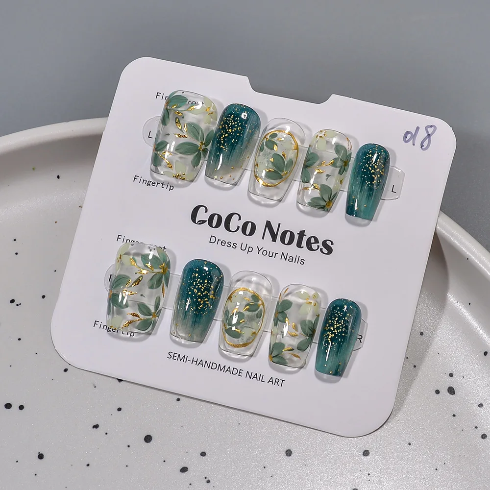 10 pçs primavera verão novas flores bronzeadoras verdes unhas falsas artesanais unhas curtas imprensa em unhas falsas dicas para menina mulher