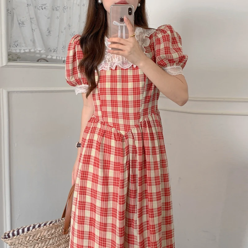 Neploe 2024 Summer French Chic Vintage Round Neck Panel Lace Contrast Plaid Vestidos Femme Waist Slim Thin Puff Sleeve Dress