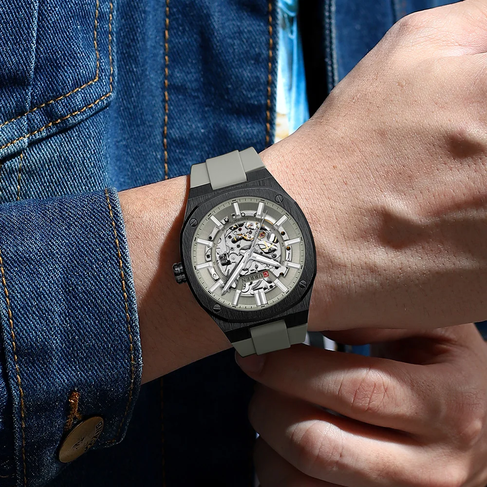 CURREN Watch for Men 41mm Skeleton Dial & Luminous Hands Self-Winding Mechanical Movement Silicone Strap Streetwear Wristwatch