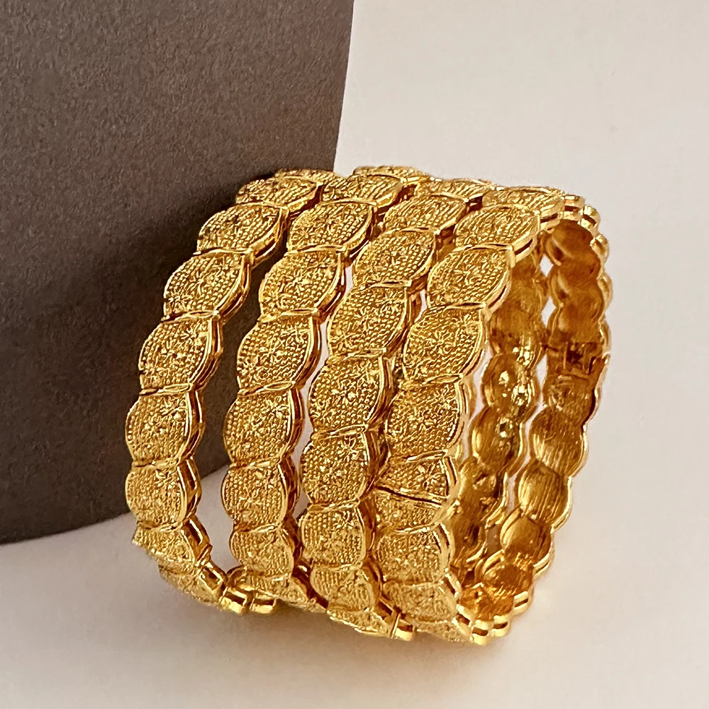

24K Dubai Color Bangles For Women Gold Plated Indian African Hard Bracelets Charm Wedding Ethiopian Arabic Hand Jewelry Luxury