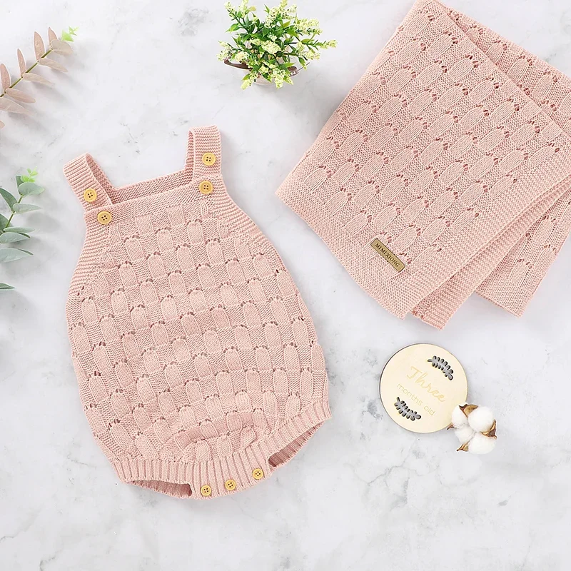 Baby Bodysuit +Blanket 100%Cotton Knit Newborn Girl Boy Clothing Set Fashion Hollow Infant Sleeveless Jumpsuit Vest + Soft Quilt