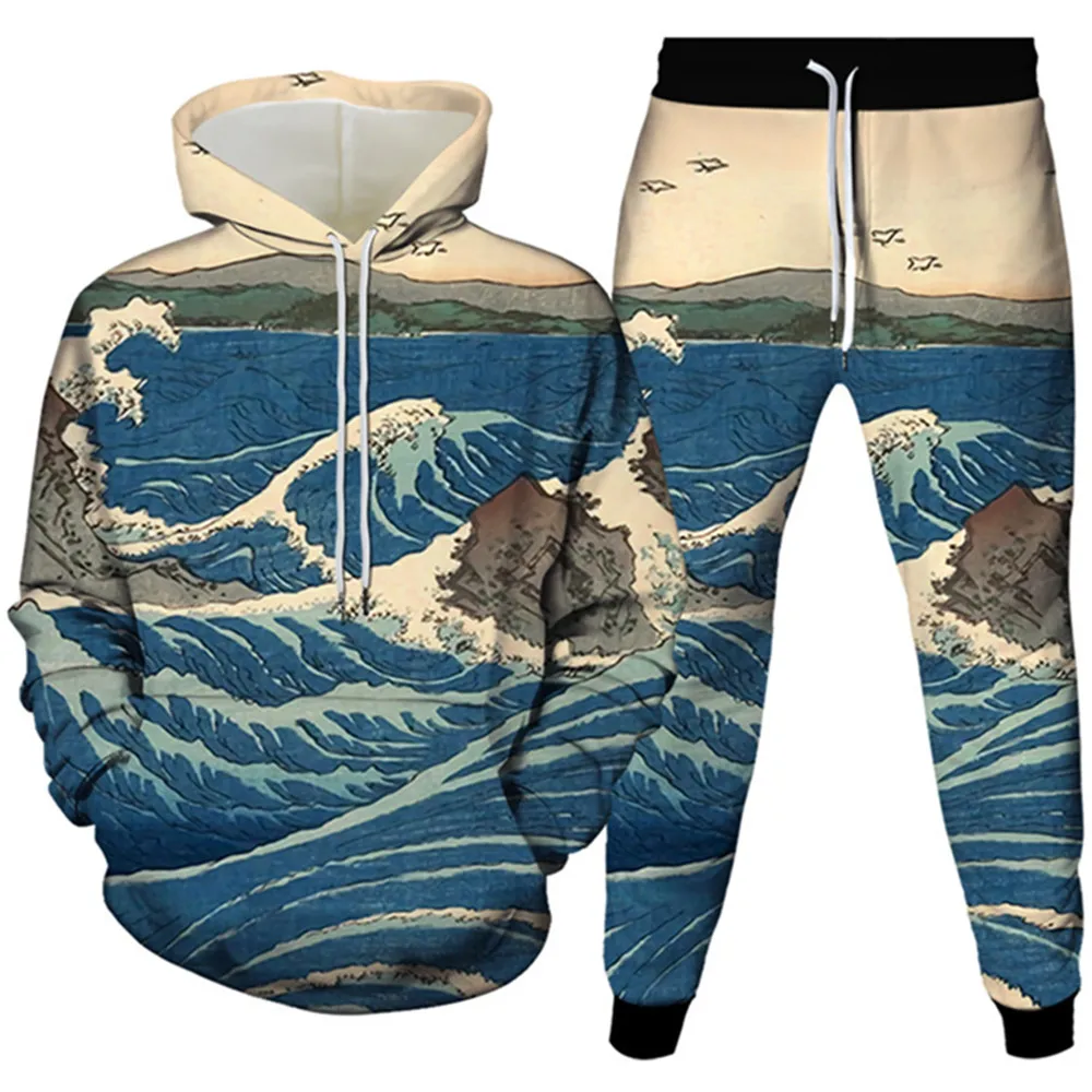 Sea Fish Japanese Wave Printed Hoodies+Pants 2PcSet Men Cartoon Birthday Suit Autumn Spring Clothes Women Tracksuits Size S-6X