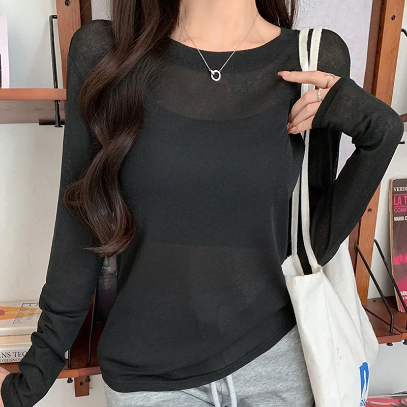 Sonnencreme Langarm Dünne T Shirt Für Frauen Frühling Sommer Koreanische Mode Rosa T-shirts O Neck Grund Solide Tees Schlank Tops Mujer
