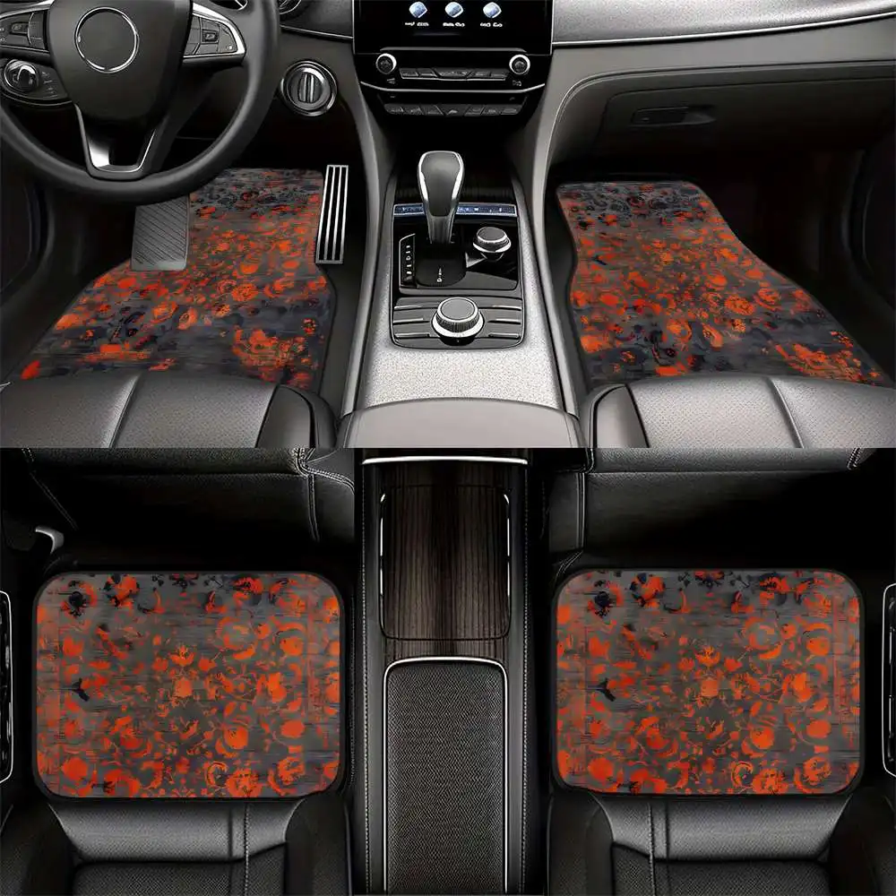4pcs Red Retro Pattern Printed Car Floor Mats | XPE Non-Slip Durable Universal Fit For SUV Interiors, Fine Textured Carpet, Chri