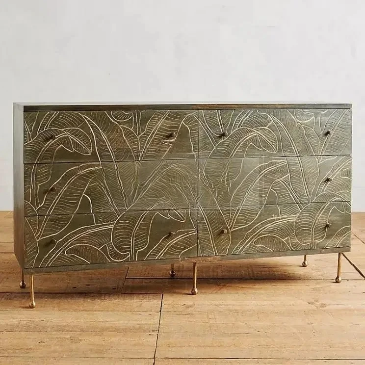 A  Vintage carved chest cabinet French solid wood palm leaf storage cabinet bedside table