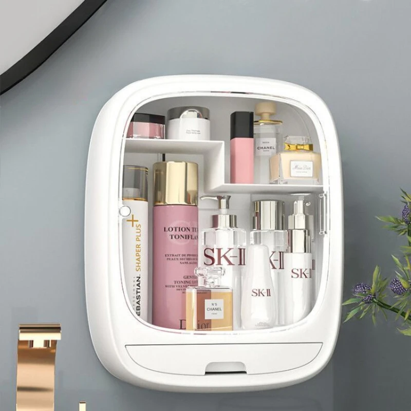 

WallMounted Cosmetic Storage Box PunchFree DustProof Bathroom Rack Makeup Organizer Lipstick Skincare Containers