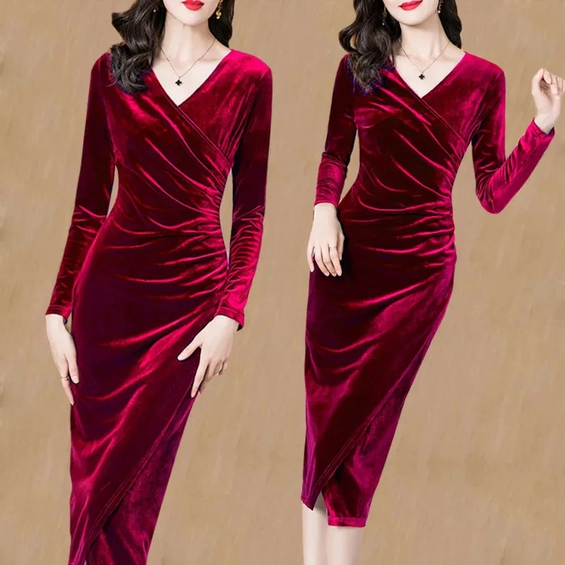2024 New Spring And Autumn Gold Velvet V-Neck Dress Women\'s High-End Light Luxury Temperament Sexy Long Hip Dres Party Dresses