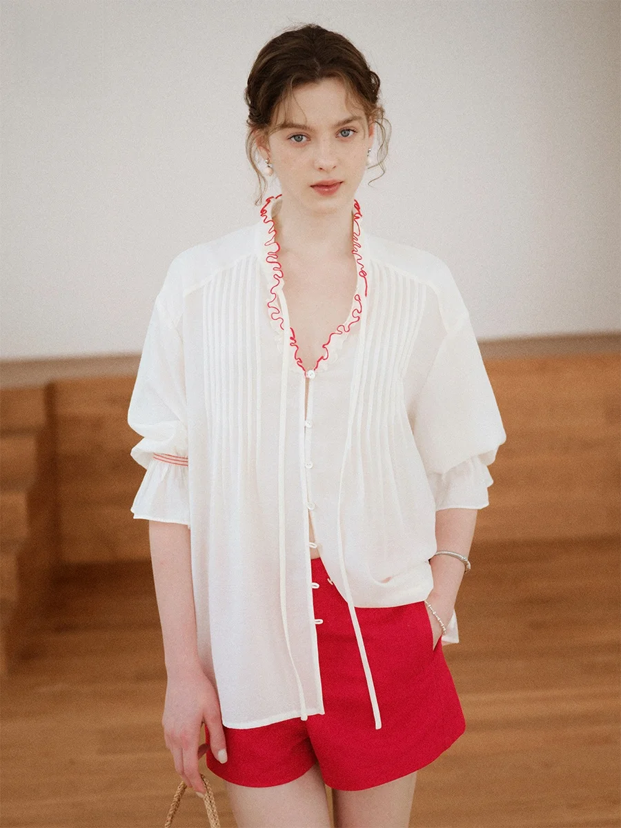 

Even Vintage Acidic Mixed Retro Accordion Pleat Color Block Court Sleeve Shirt Women's Elegant Style Long Sleeve Floral