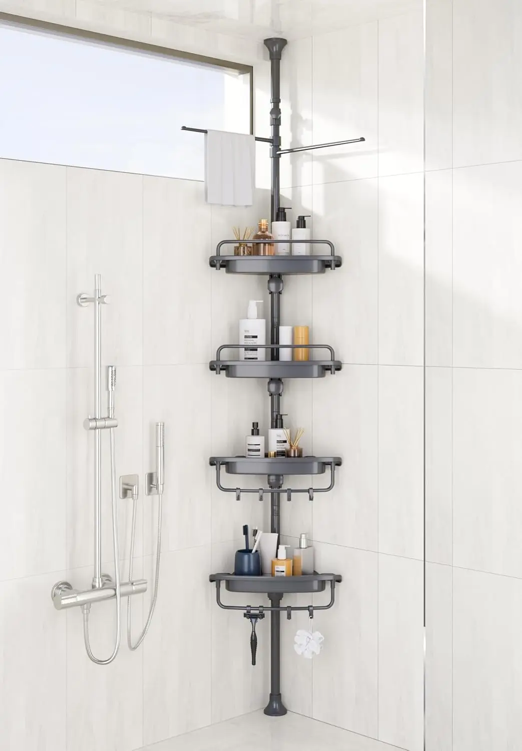 

Угловая душевая кабина 32-122 дюйма, натяжная штанга, серая, нержавеющая, без сверления, полки для душа для ванной комнаты, умывальника