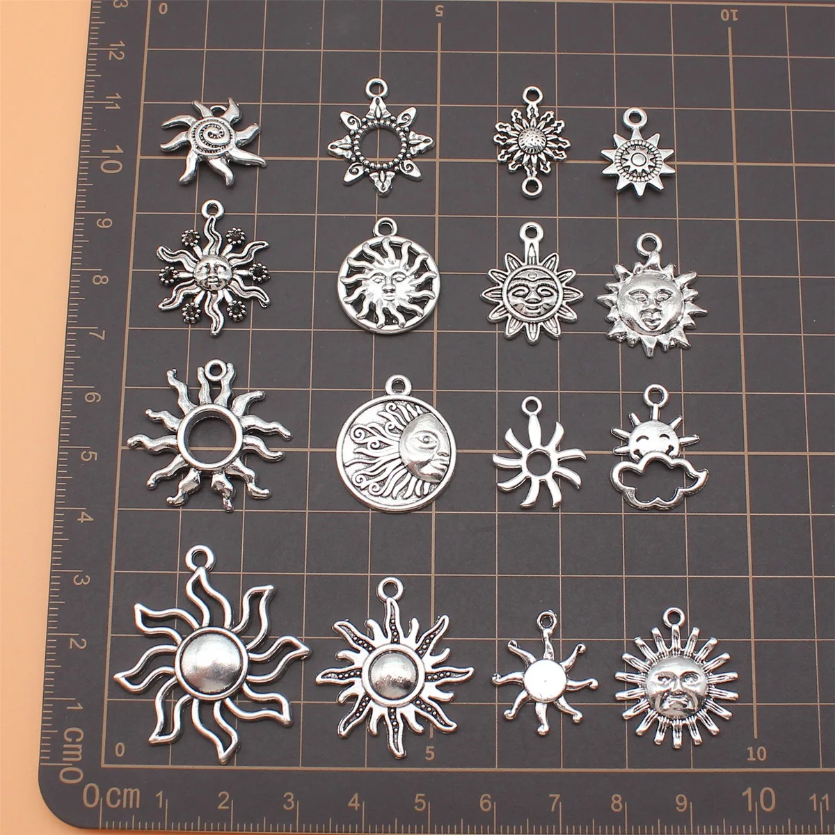 16pcs Antique Silver Color Sun Charms Collection For DIY Jewelry Making, 16 Styles, 1 of Each