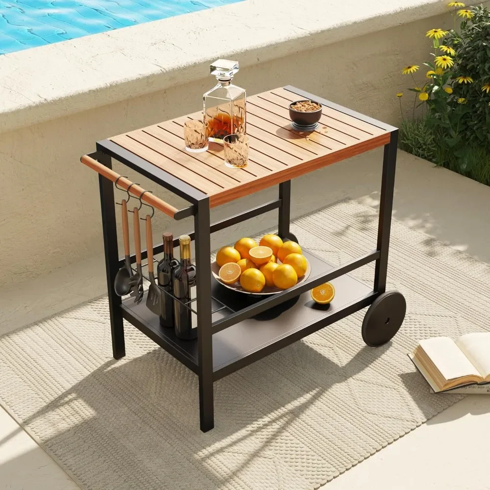 Outdoor Bar Cart with Wine Rack, Grill Dining Cart with Double-Shelf, Aluminum Serving Cart with Wood Grain Finish Table