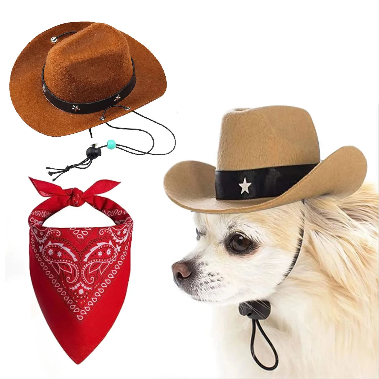 

Pet Cat Puppy Cowboy Costume Outfits Halloween Dog West Cowboy Hat With Bandana Scarf Set Fancy Party Accessories