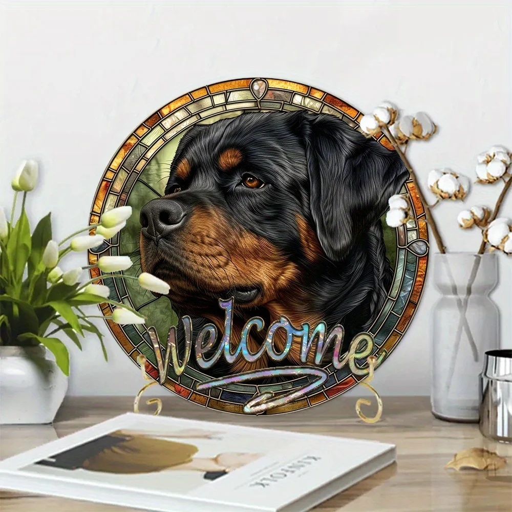 Aluminum Spring Metal Sign Rottweiler Theme Decoration Faux Stained Glass Round Decor Sign Dormitory Decor Mother\'s Day Gifts