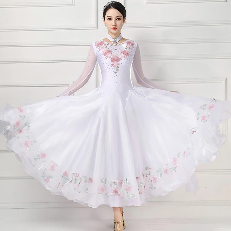 

Rhinestone New Style Practice Dance Clothes Ribbon Ballroom Waltz Competition dress Long Sleeve Mesh New GB