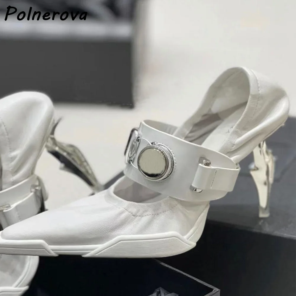Techwear Metal Buckle Mule Pumps Pointed Toe Stiletto Strange Style Heel Ruched Leather Shoes Futuristic Cyberpunk Slip On Shoes