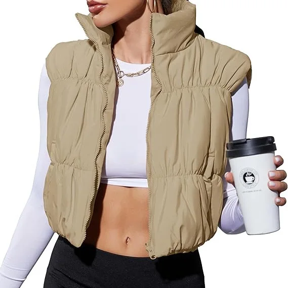 

Autumn Winter Women's Solid Color High Waist Zipper Jacket Sleeve Vest Fashion Casual Short Top Vest