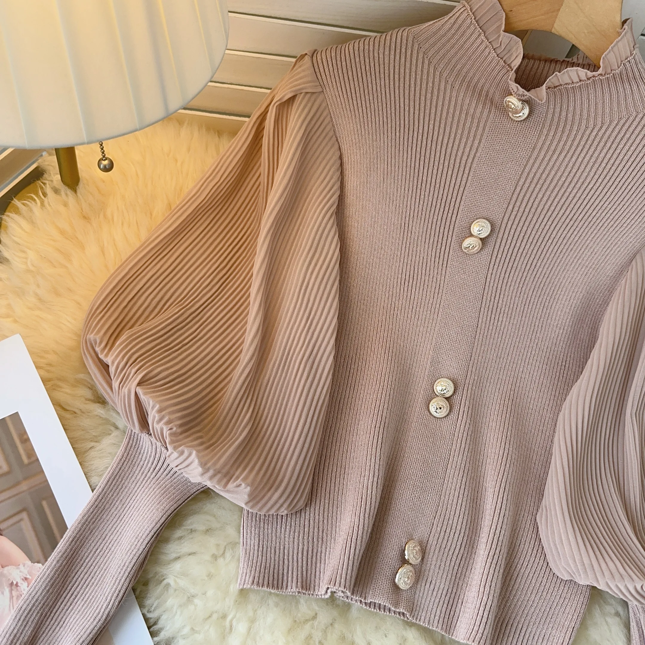 Chic Knit Hotsweet Long Lantern Sleeve Casual Basics Button High Street Slim Spliced Office Lady Vintage Autumn Winter Top