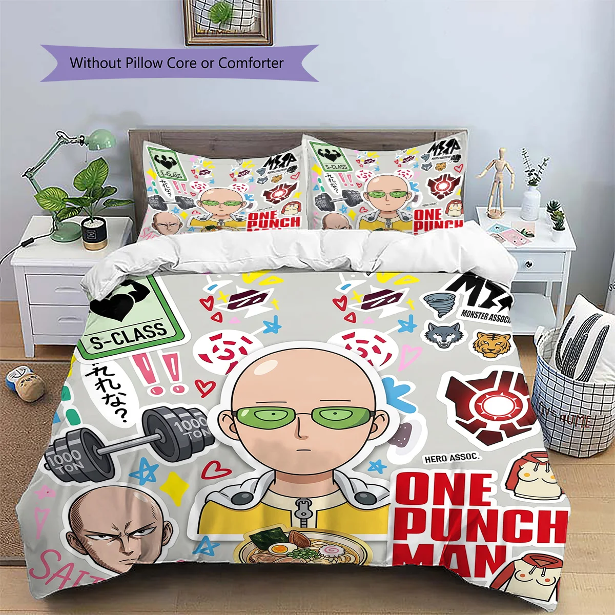 One Punch Man Bedroom Decor Anime Style Patterned Pillowcase & Duvet Cover Set Bedding Great Gift for Enthusiasts YUN6518