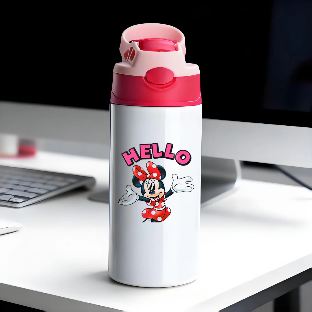 

Disney Minnie Mouse cartoon character red dress bow HELLO font 304 stainless steel cartoon straw cup childrens water cup New Ye