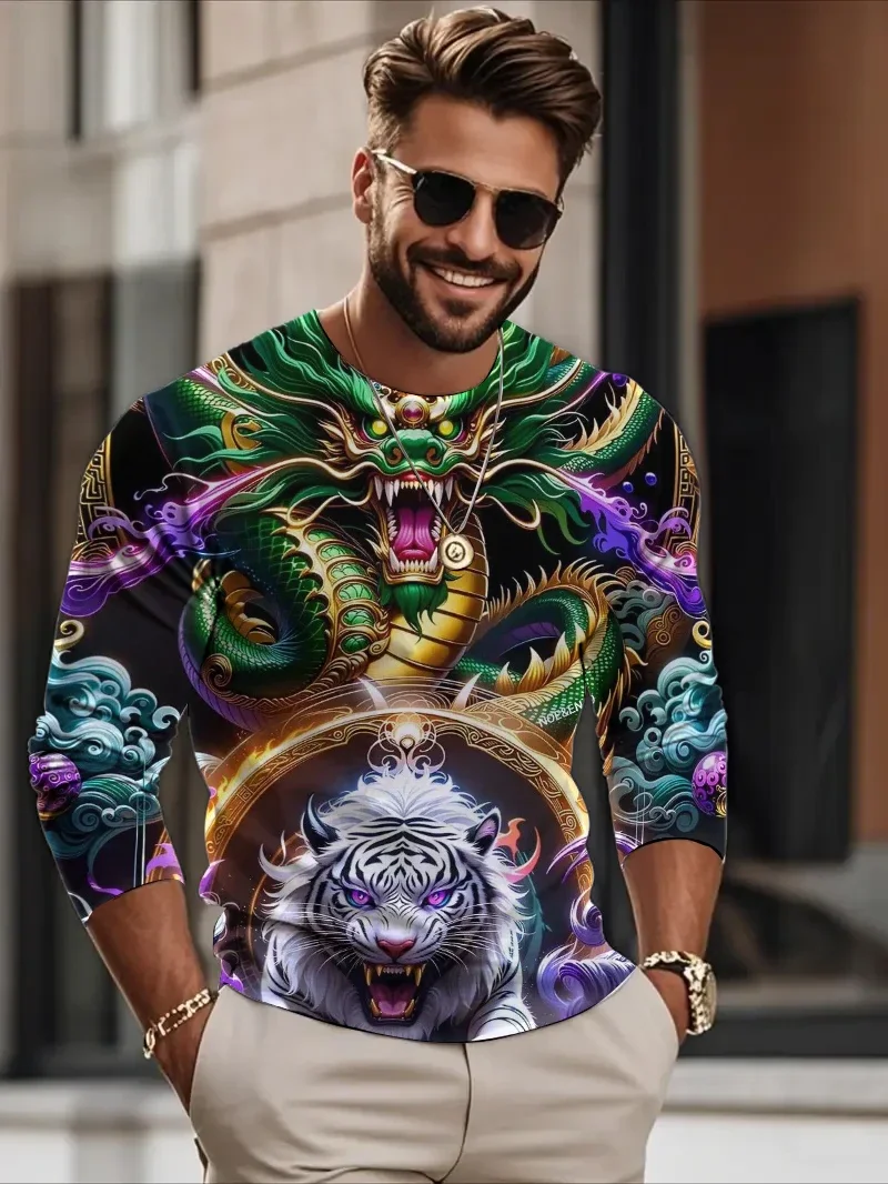 

3D Dragon Tiger Print Men's T-Shirts Fashion Cool Hip Hop Street Retro Style Long Sleeve Pullover Autumn Casual Comfortable Tops