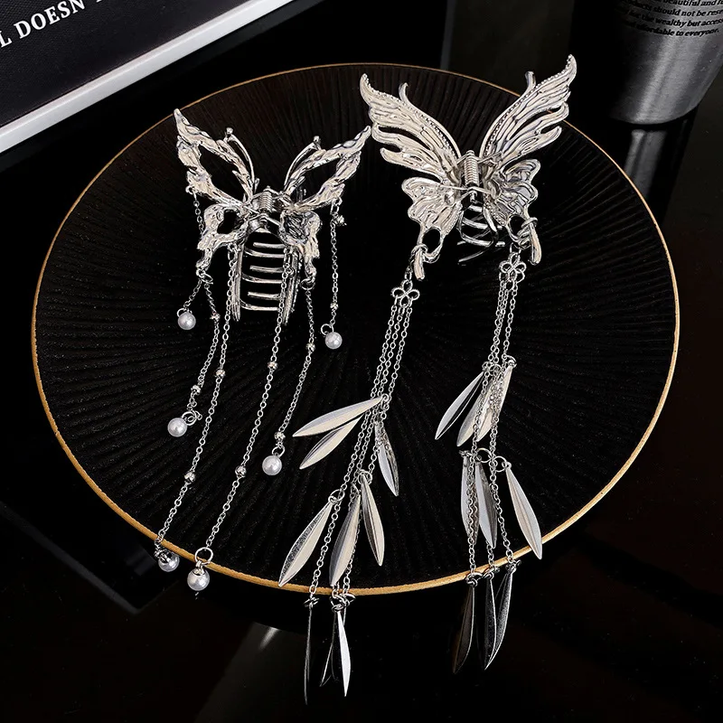 Trendy Butterfly Tassel Hair Claw Clamp Alloy Pearl Hair Clip Women Korean Fashion Hairpins Ponytail Hair Accessories Headwear