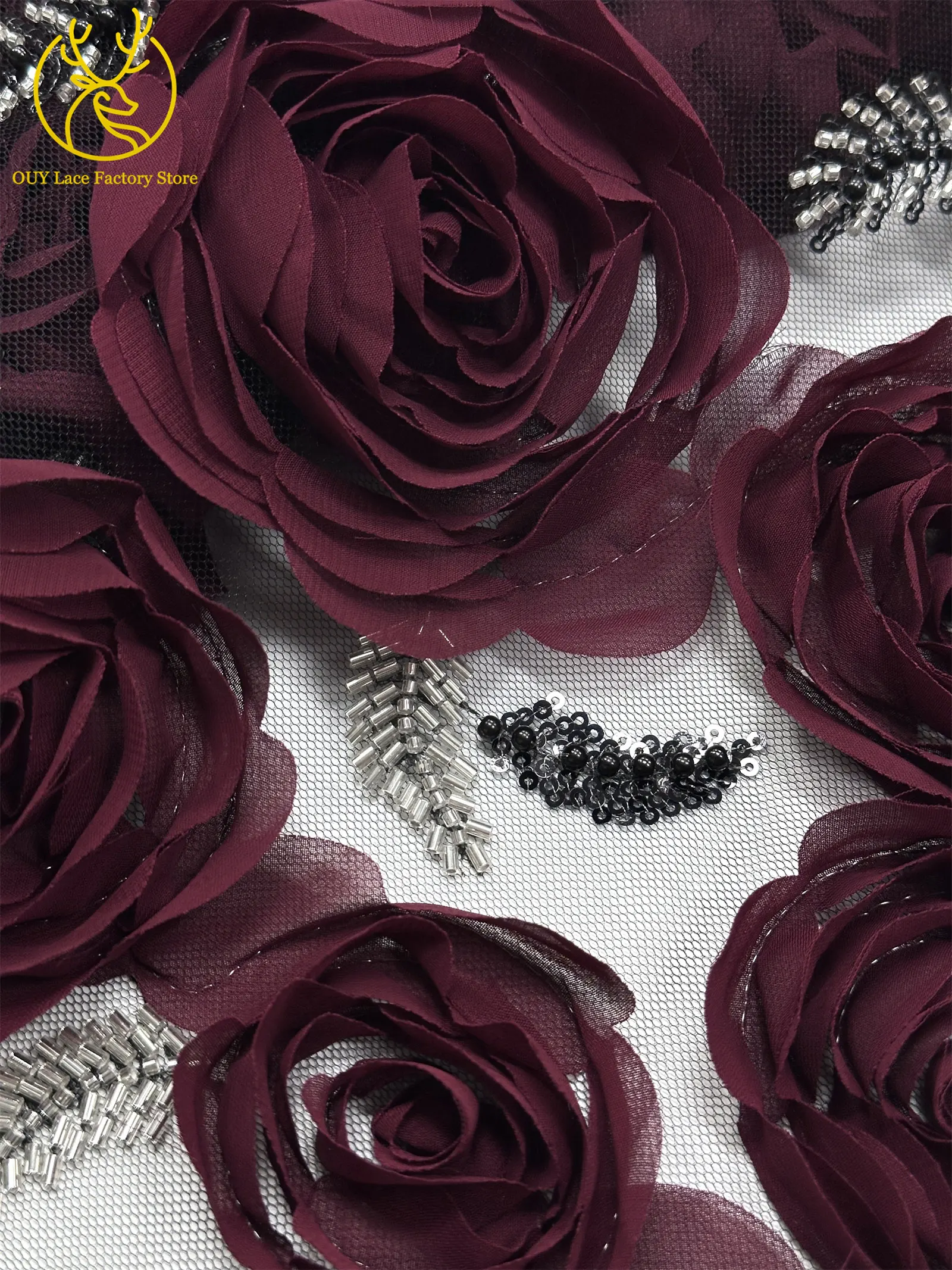 3D-Rosen-High-End Nigerianischer Tüll-Spitzenstoff 2026 – Hochwertiger afrikanischer Pailletten- und Perlen-Spitzenstoff für Brautkleider und Hochzeitskleider zum Nähen – Detail 21