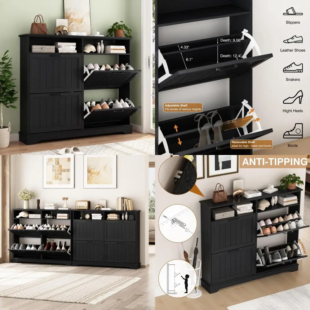 Farmhouse Style Shoe Storage Cabinet with 4 Adjustable Drawers and Open Shelves for Modern Shoe Rack