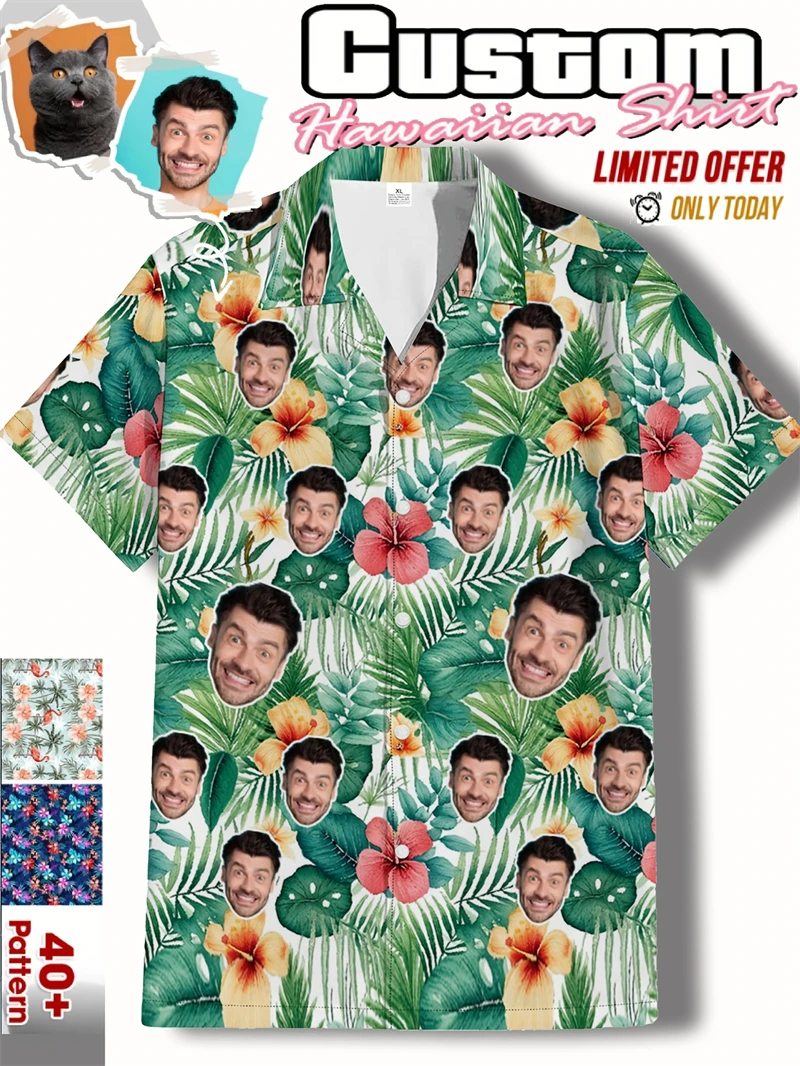 Free Custom Photo Face Team Hawaiian Man Shirts Coconut Tree Pattern Personalized Diy Face Beach Men Short Sleeve Aloha Shirts