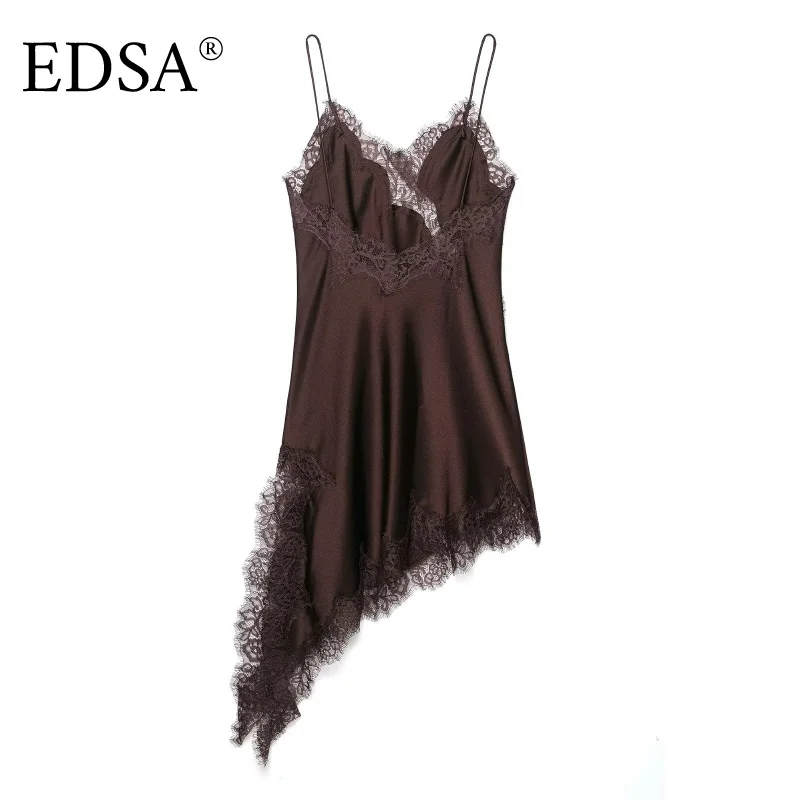 EDSA 女性用非対称レースサテンミニドレス ストラップ付き Vネック セクシーなショートドレス パーティー用