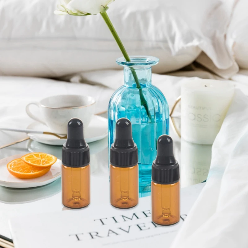 100 قطعة 3 مل زجاجات قطارة زجاجية بنية فارغة مع ماصة للزيوت العطرية