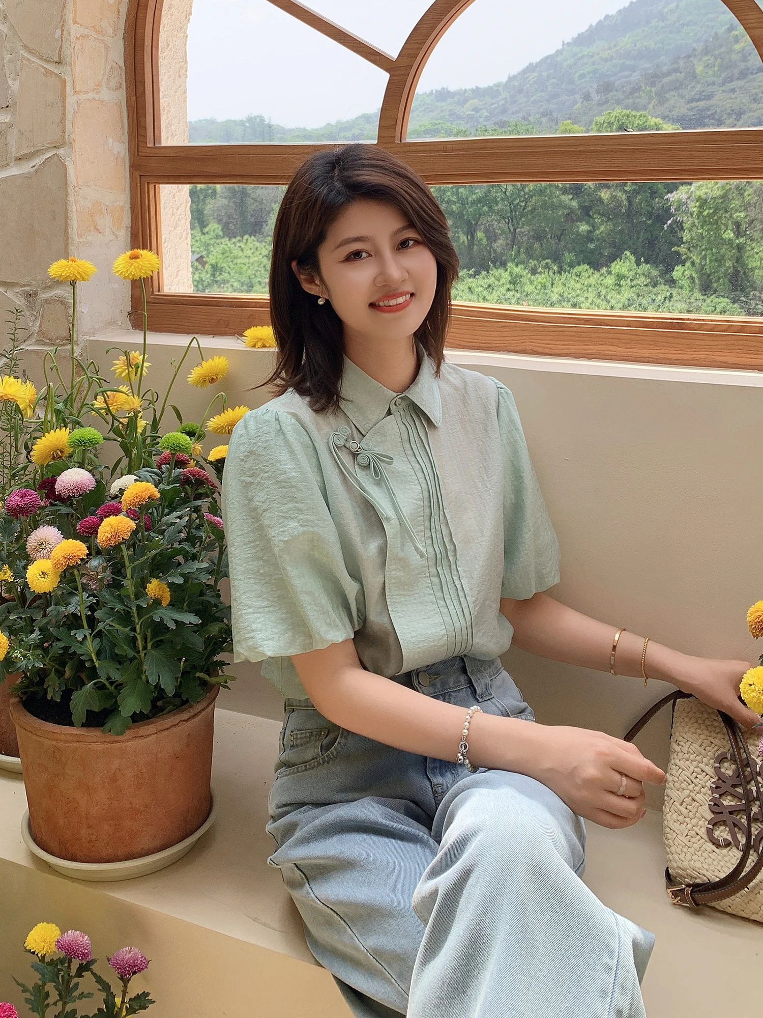 

Zillal New Chinese Sle National Trend Bubble Sve Silk irt Women Summer Top Loose Fit ort Sve Flip Collar Blouse