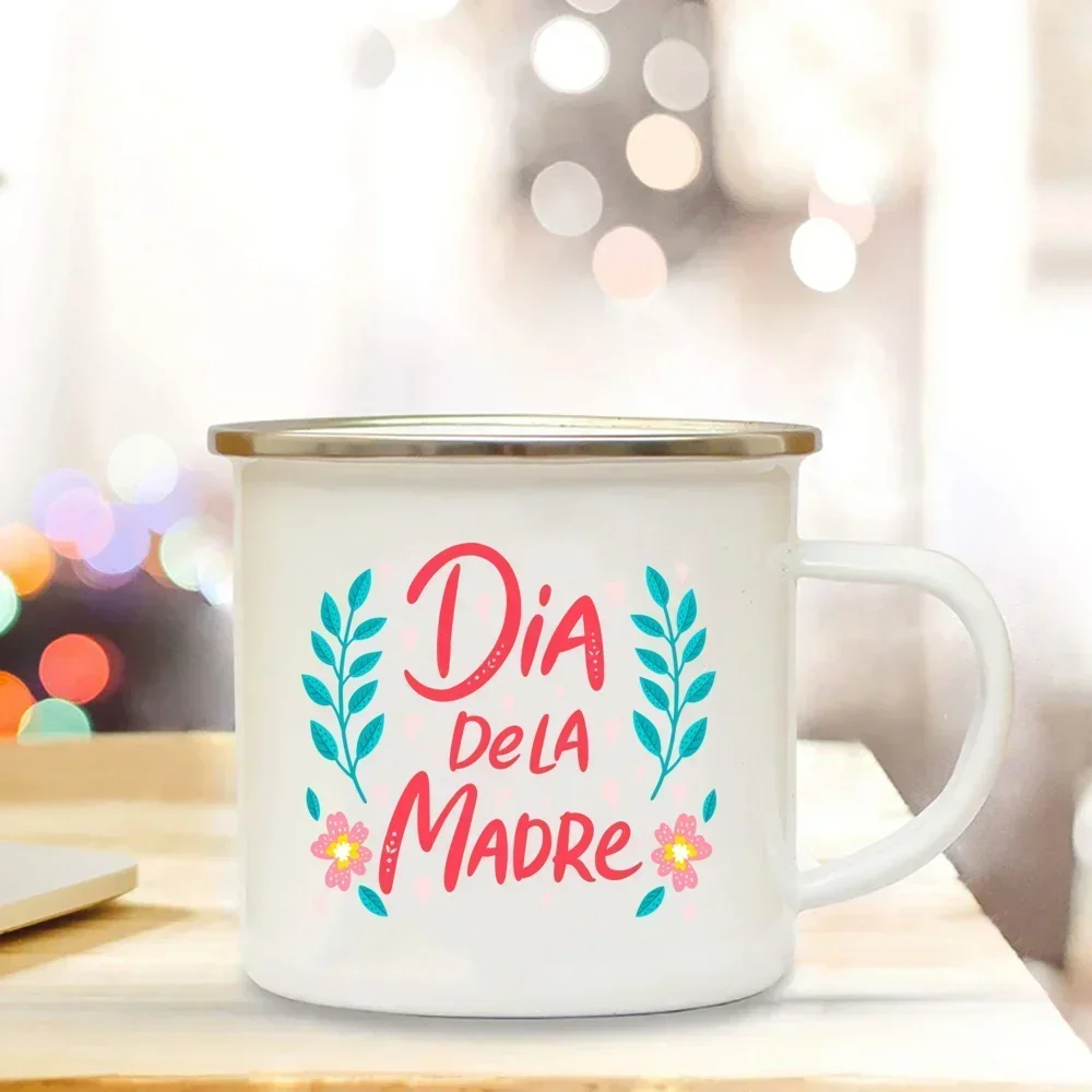 Creative Coffee Cups Handle Enamel Cup Mothers Day Spanish Print Mug Camping Handle Mugs Festive Birthday Gifts for Mom