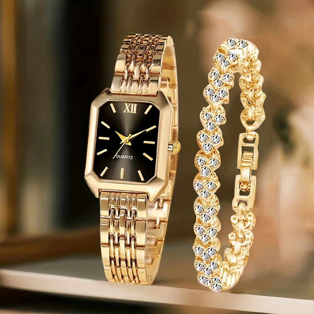 Juego de 2 Relojes de Cuarzo Rectangulares de Moda para Mujer, Relojes de Pulsera con Esfera Romana, Juego de Pulseras con Pedrería, Reloj para Mujer, Regalo para Niñas