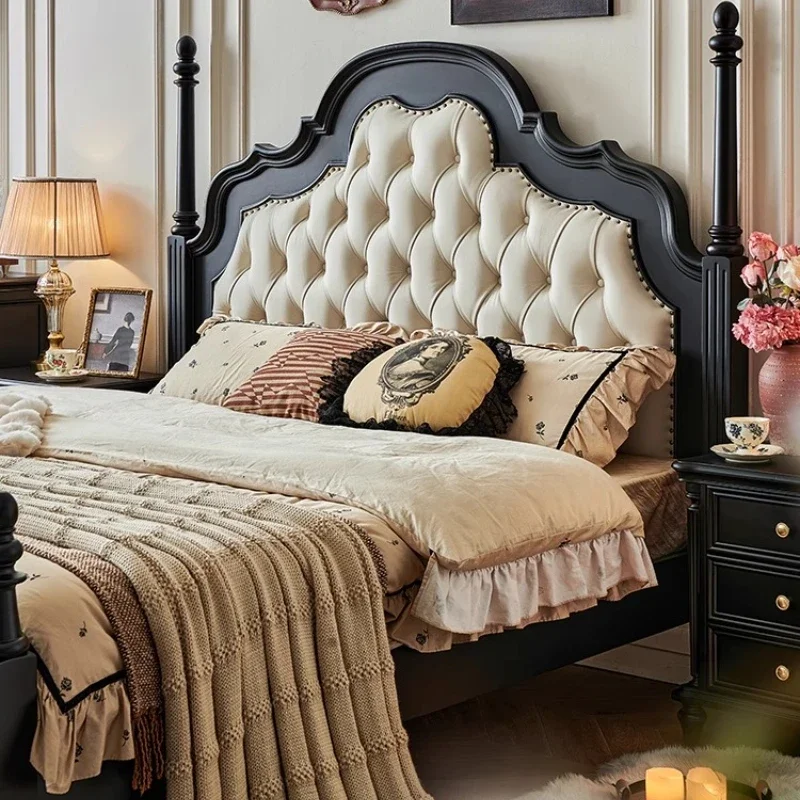 

Medieval style bed, black, high-end retro American solid wood leather soft on 1.8 meters double bed
