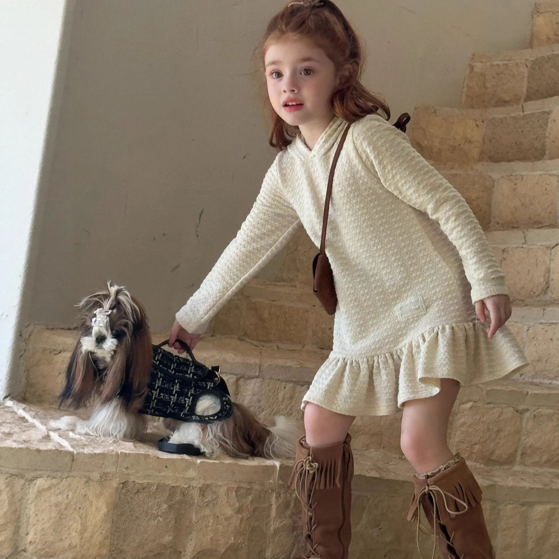 2026 Autumn New Children Clothing Korean Children Hooded Wearing Knitted Dress Girls Knitted Lace Dress