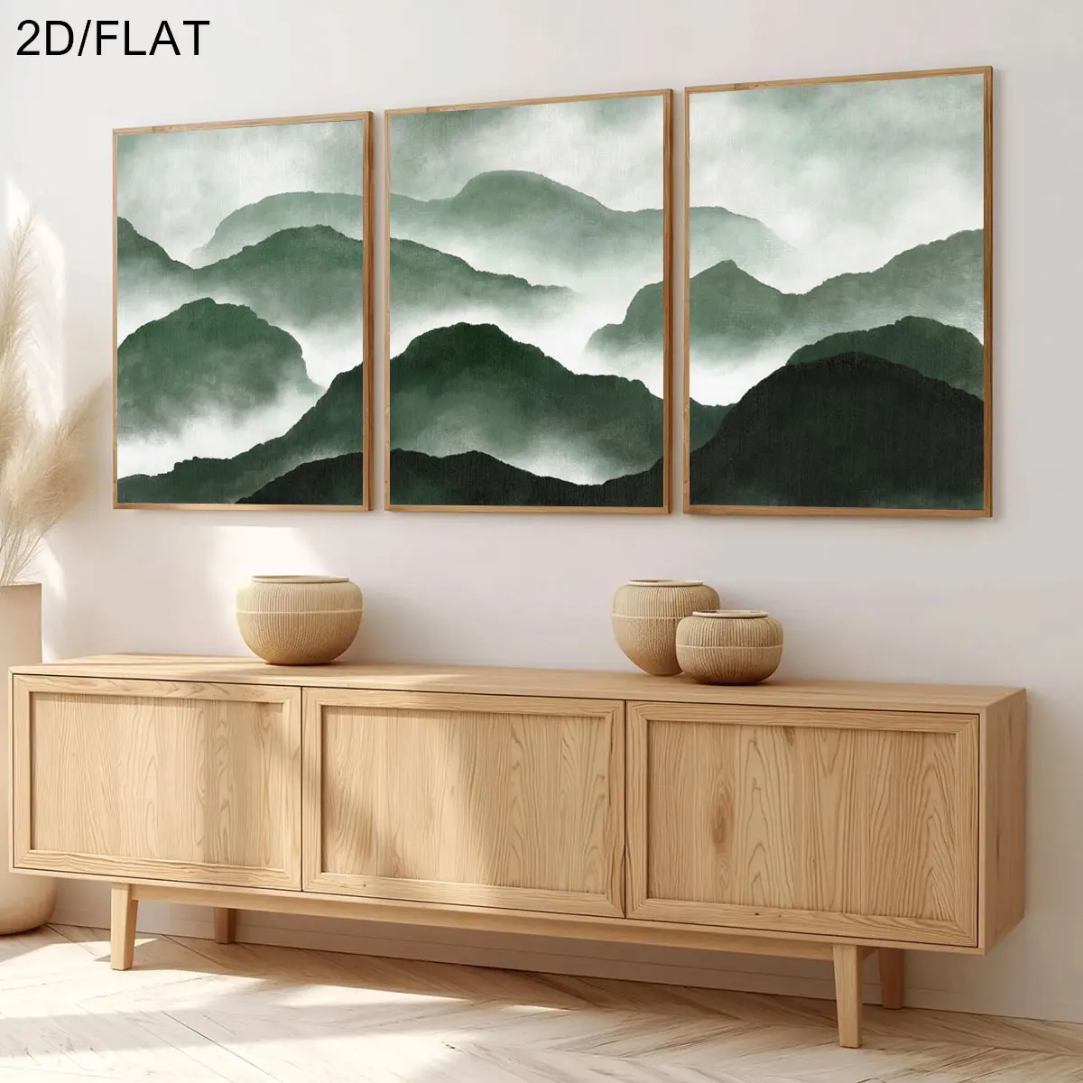 3pcs/Set Vintage Green & Grey Mountains Canvas Posters Unframed Minimalist Soft Mist Landscape Poster for Living Room Decoration
