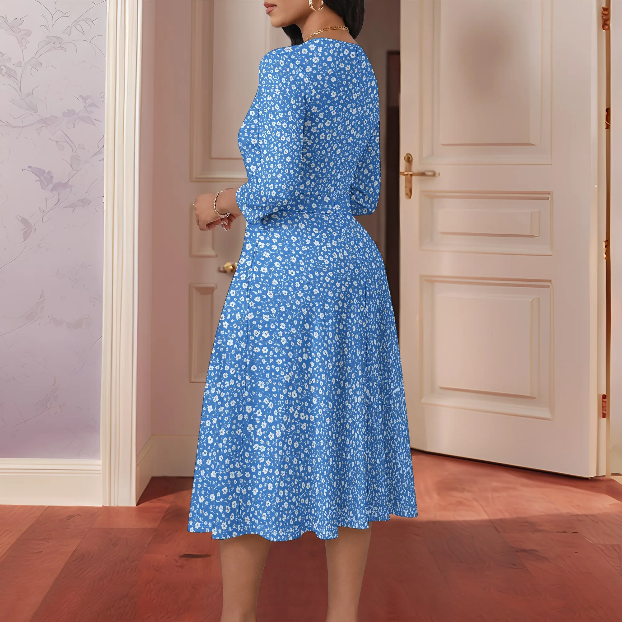 Vestido midi informal de cintura alta con cuello en V y manga 3/4 para mujer, vestido bohemio de moda fluido con estampado, vestido veraniego para invitados de boda