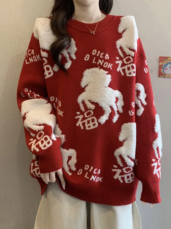 

Ladies Thiened Long Sve Red Knitted Sweater Retro Commute Sle Large Size Comfortable Agel Design for Daily Wear