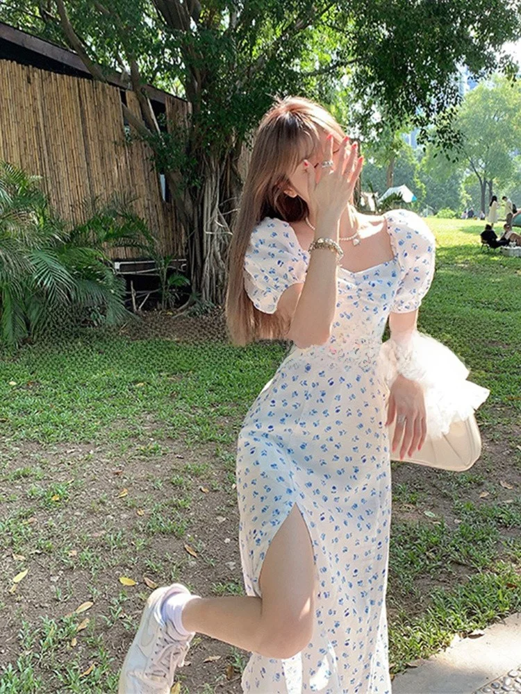 

Rixo Rane Women's Comfortable Floral Print Square Ne Bubble Sve Long Dr High Waist Split Faionable Autumn Dr