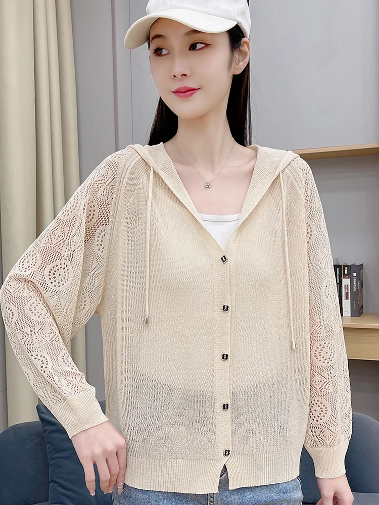 

High Quality Hooded Ice Silk Knitted Cardigan for Women's Summer Outerwear Shawl, Air-conditioned Shirt, Sun Protection Suit