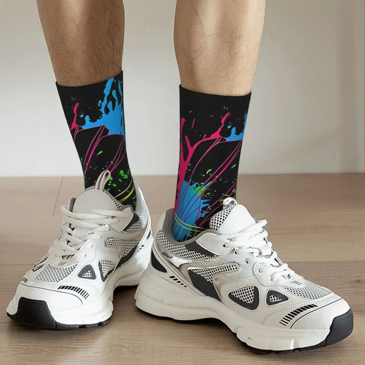 Masculino Retro Splash Badminton Compressão Meias, Harajuku Unisex, Sem Costura Impresso, Novidade Crew Sock