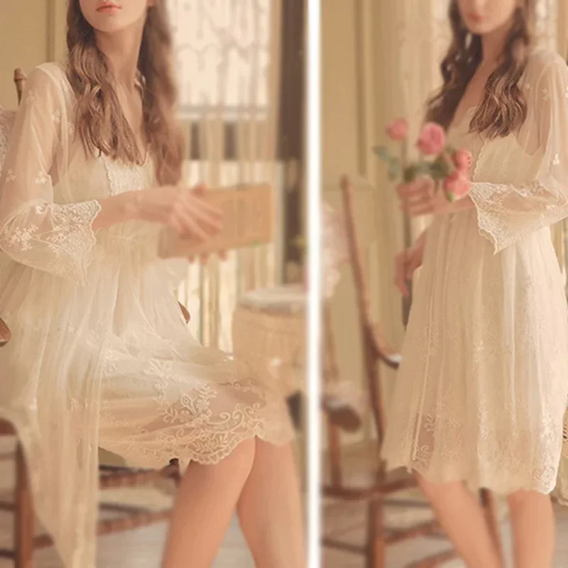 2 Pieces Set Women White Lace Elegant Nightgowns Nightdress Sleepwear Lolita Spring Summer Palace Style Vintage Dress Bathro MN1